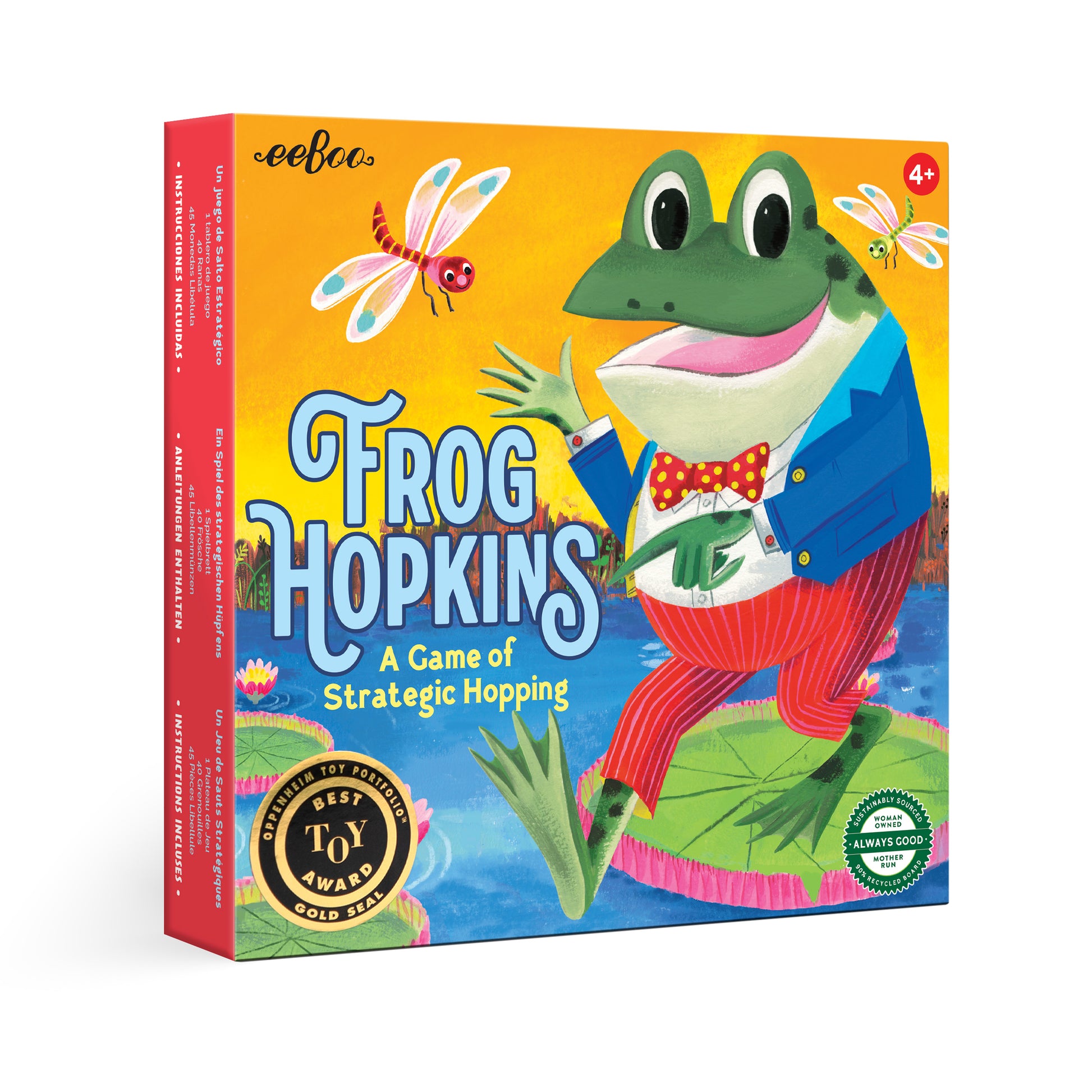 Board game box for 'Frog Hopkins' with a colorful frog character on a yellow background