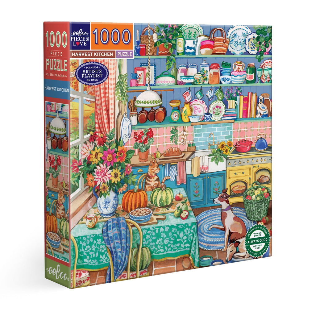 Jigsaw puzzle box featuring a colorful kitchen scene with  cat and a dog. Harvest Kitchen 1000 Piece Puzzle