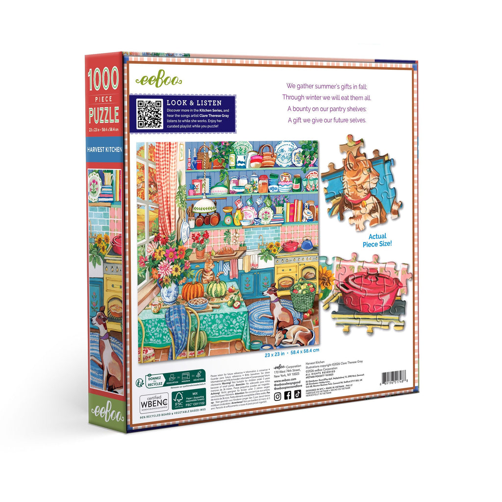 Jigsaw puzzle box with colorful illustration of a kitchen scene and 'eeBoo' branding. Harvest Kitchen 1000 Piece Puzzle