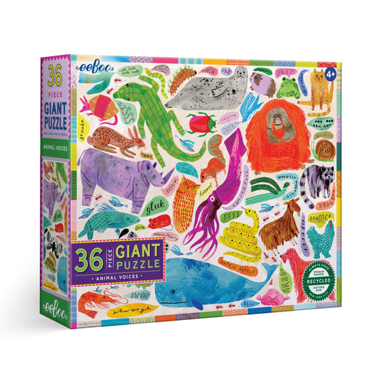Giant puzzle box with colorful animal illustrations. animal-voices-36-piece-giant-puzzle