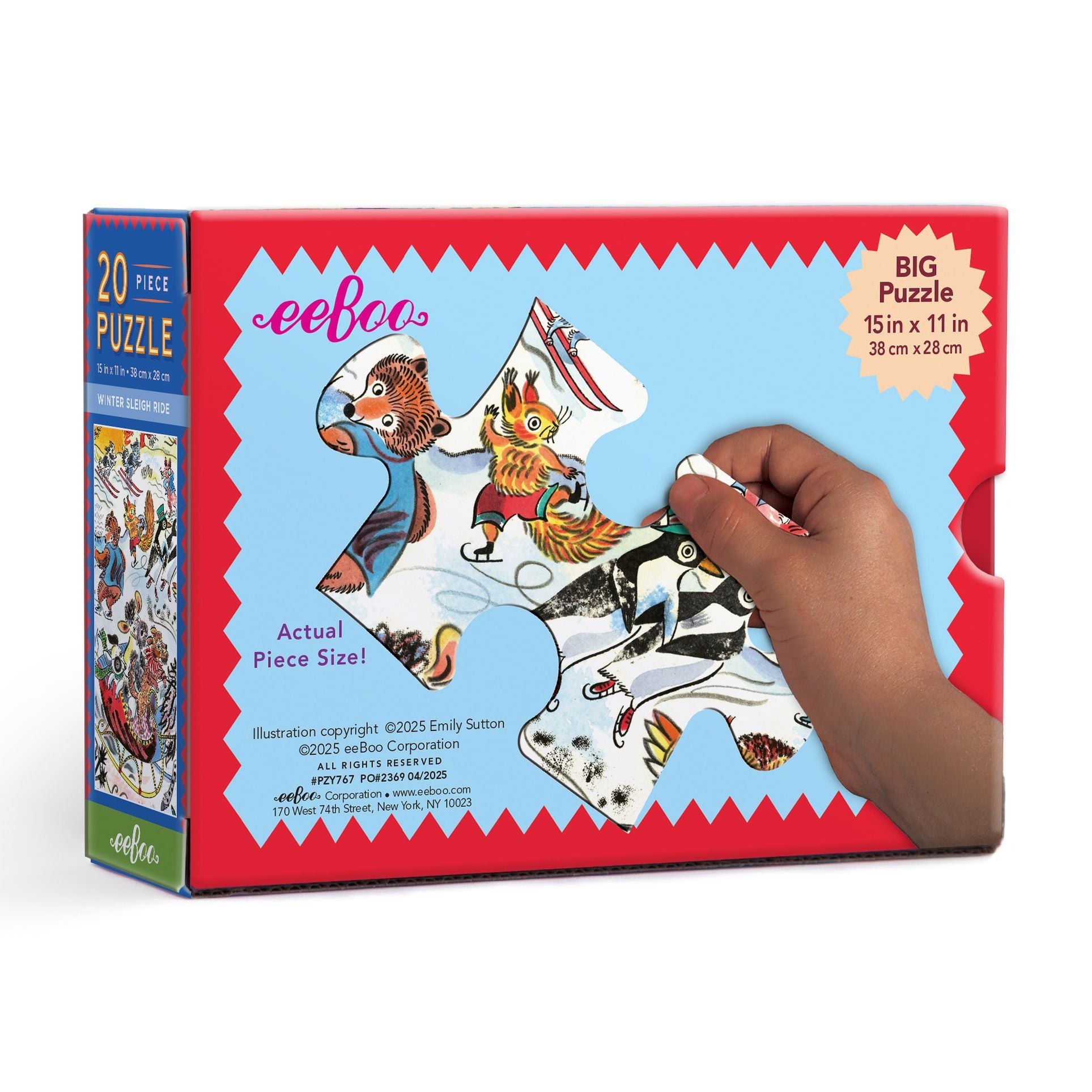 puzzle box with a hand holding a piece of the puzzle. Winter Sleigh Ride 20 Piece Puzzle by eeBoo | Unique Fun Gifts