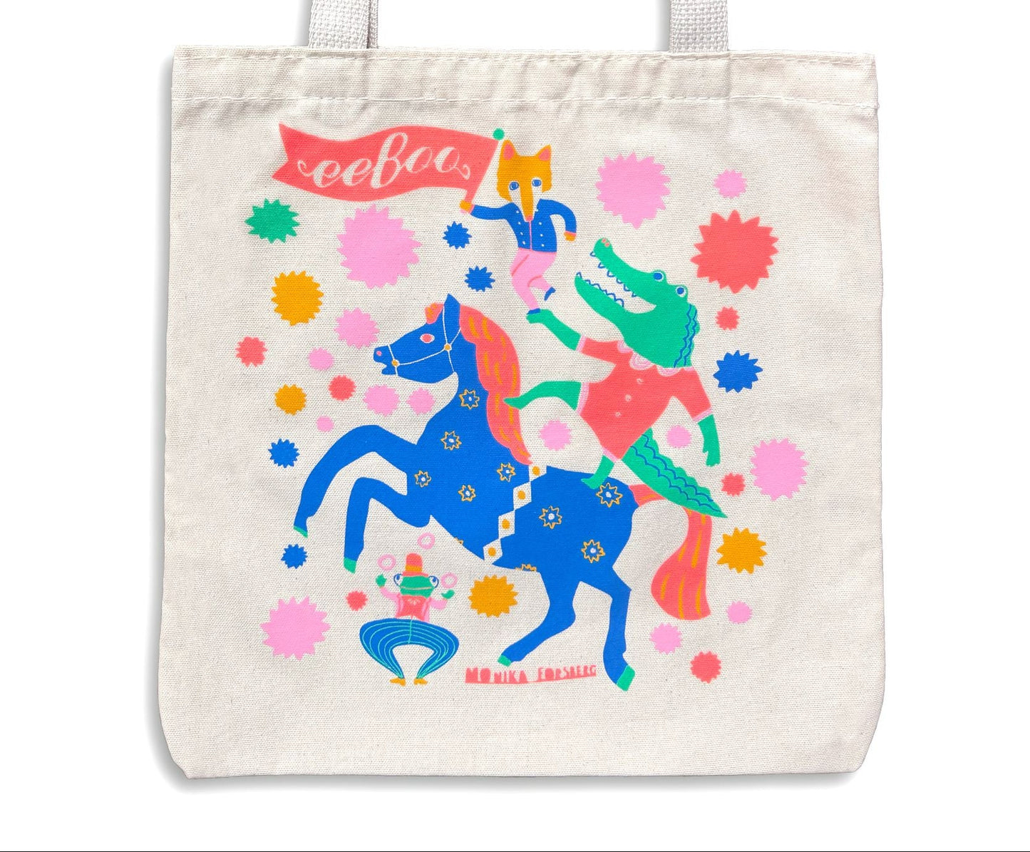 Tote bag with colorful design of a character riding a unicorn on a white background
