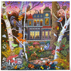Jigsaw puzzle box with a forest scene design featuring animals and a house. Alchemist's Forest 1000 Piece Puzzle
