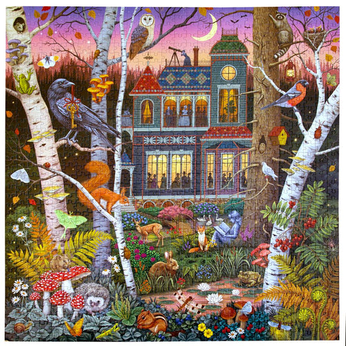 Jigsaw puzzle box with a forest scene design featuring animals and a house. Alchemist's Forest 1000 Piece Puzzle