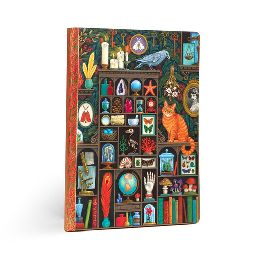 Decorative notebook with a colorful illustration of a cat and shelves. Alchemist's Cabinet Luxe Journal by eeBoo | Unique Beautiful Gifts