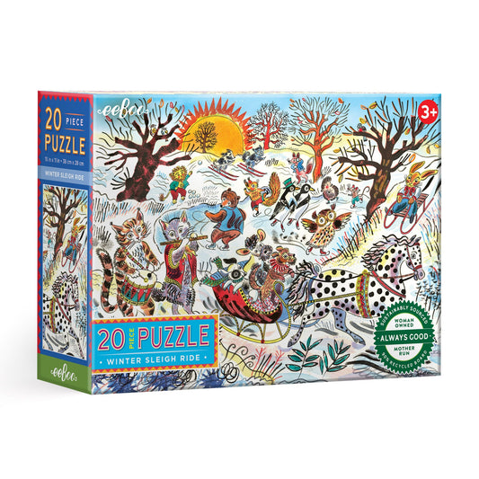 Puzzle box with winter scene design featuring animals and sleighs. Winter Sleigh Ride 20 Piece Puzzle by eeBoo | Unique Fun Gifts