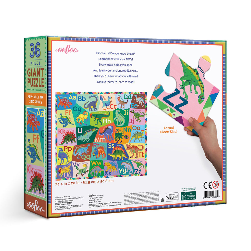 dinosaur puzzle packaging with colorful illustrations. Alphabet of Dinosaurs 36 Piece Giant Puzzle by eeBoo | Unique Fun Gifts