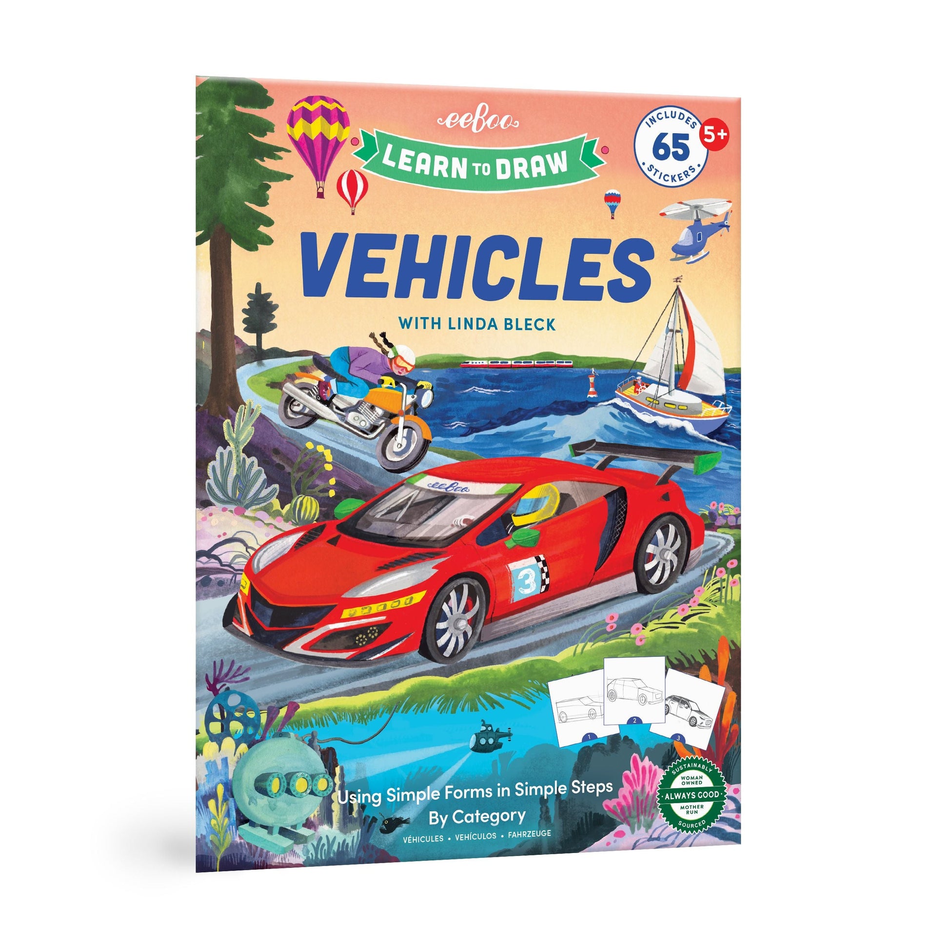 Book cover of 'Learn to Draw Vehicles' with colorful illustrations of vehicles. Learn to Draw Vehicles