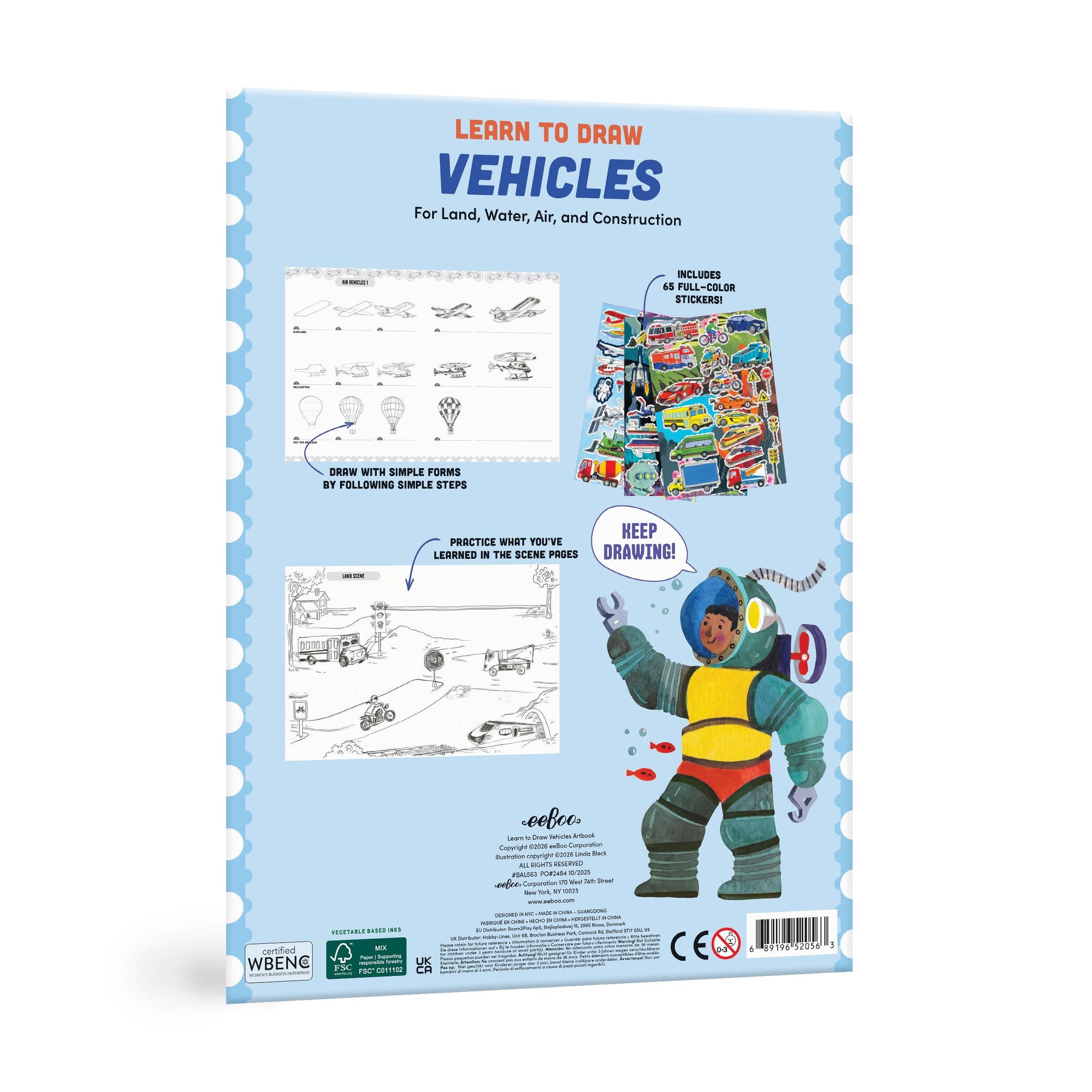 Book cover of 'Learn to Draw Vehicles' with illustrations and text on a blue background. Learn to Draw Vehicles