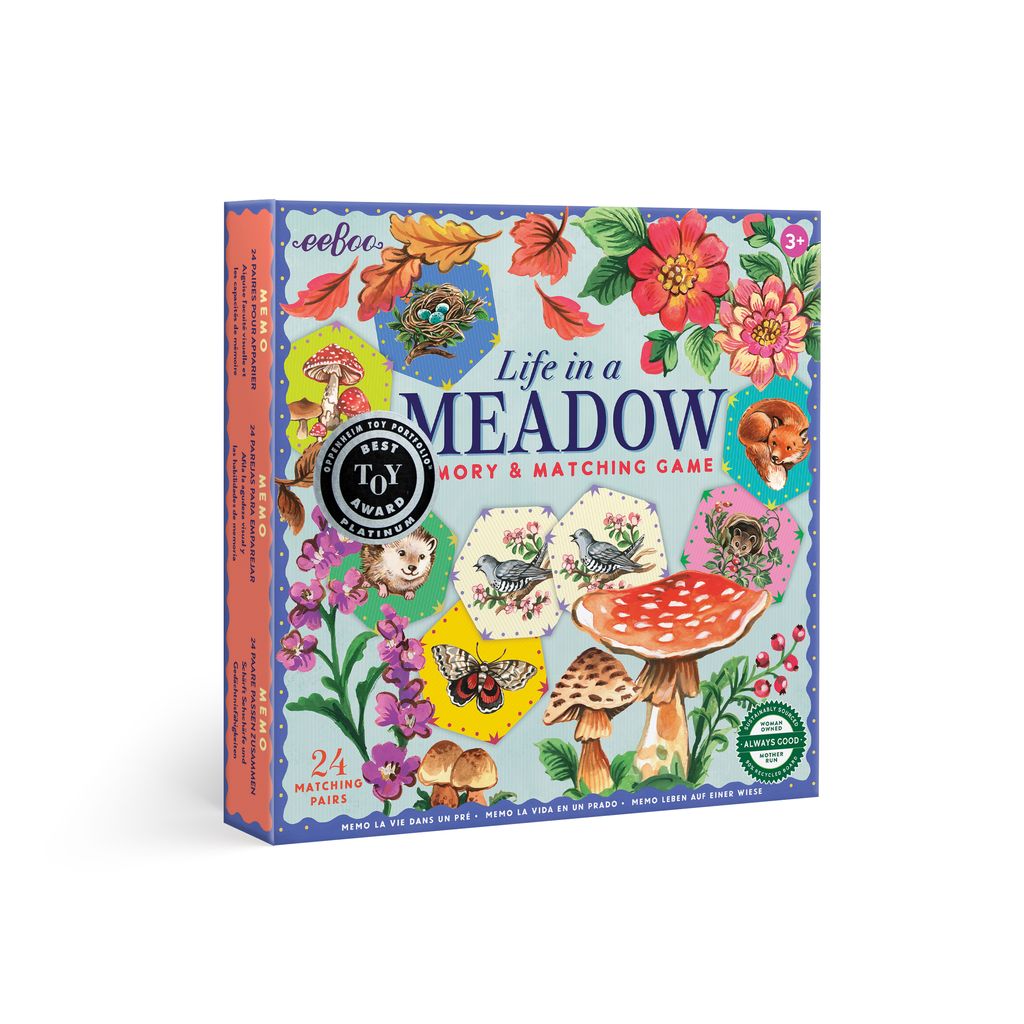 Board game box titled 'Life in a Meadow' with colorful illustration. eeBoo