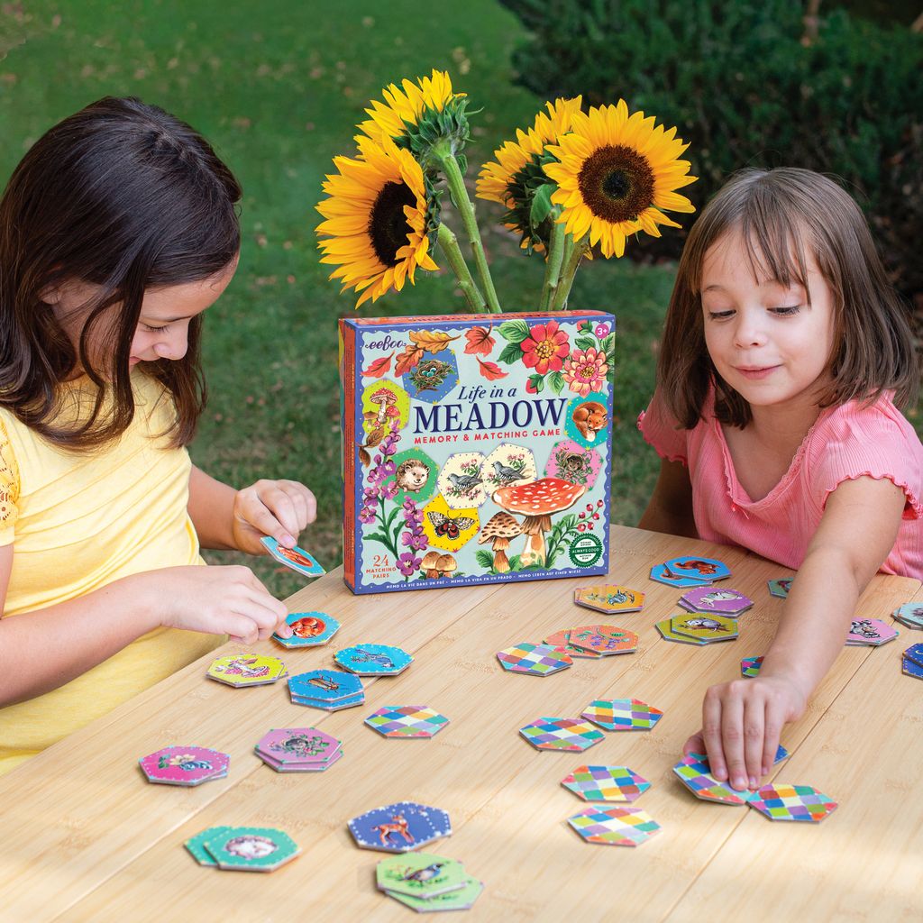 Two children playing with a board game titled 'Life in a Meadow' on a wooden table outdoors.