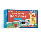 Box of 'Head to Toe Dominoes Little Farm' educational toy with farm-themed illustrations. Little Farm Head to Toe Dominoes