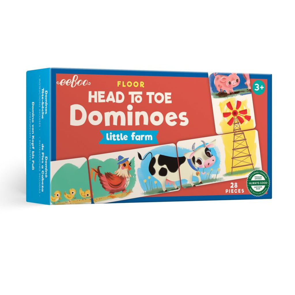 Box of 'Head to Toe Dominoes Little Farm' educational toy with farm-themed illustrations. Little Farm Head to Toe Dominoes