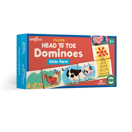 Box of 'Head to Toe Dominoes Little Farm' educational toy with farm-themed illustrations. Little Farm Head to Toe Dominoes