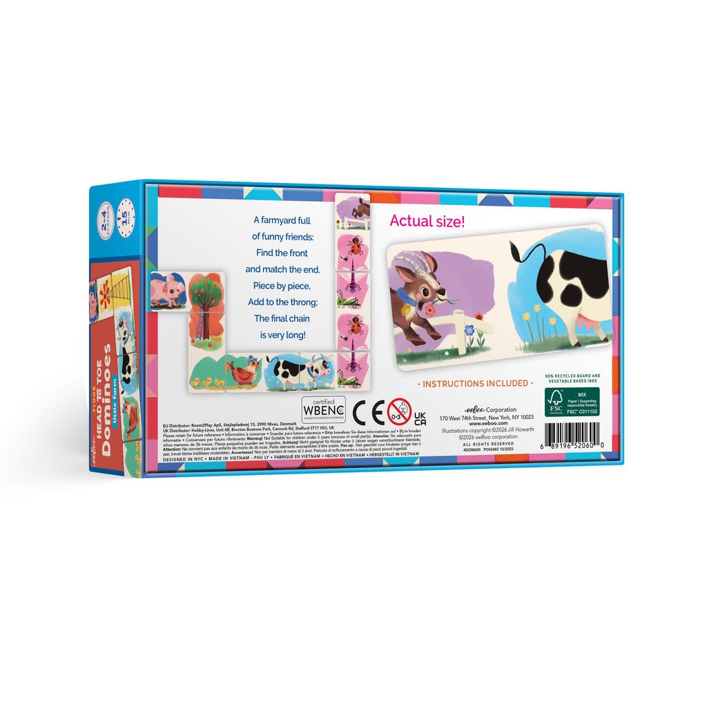 Children's puzzle packaging with colorful illustrations of farm animals. Little Farm Head to Toe Dominoes