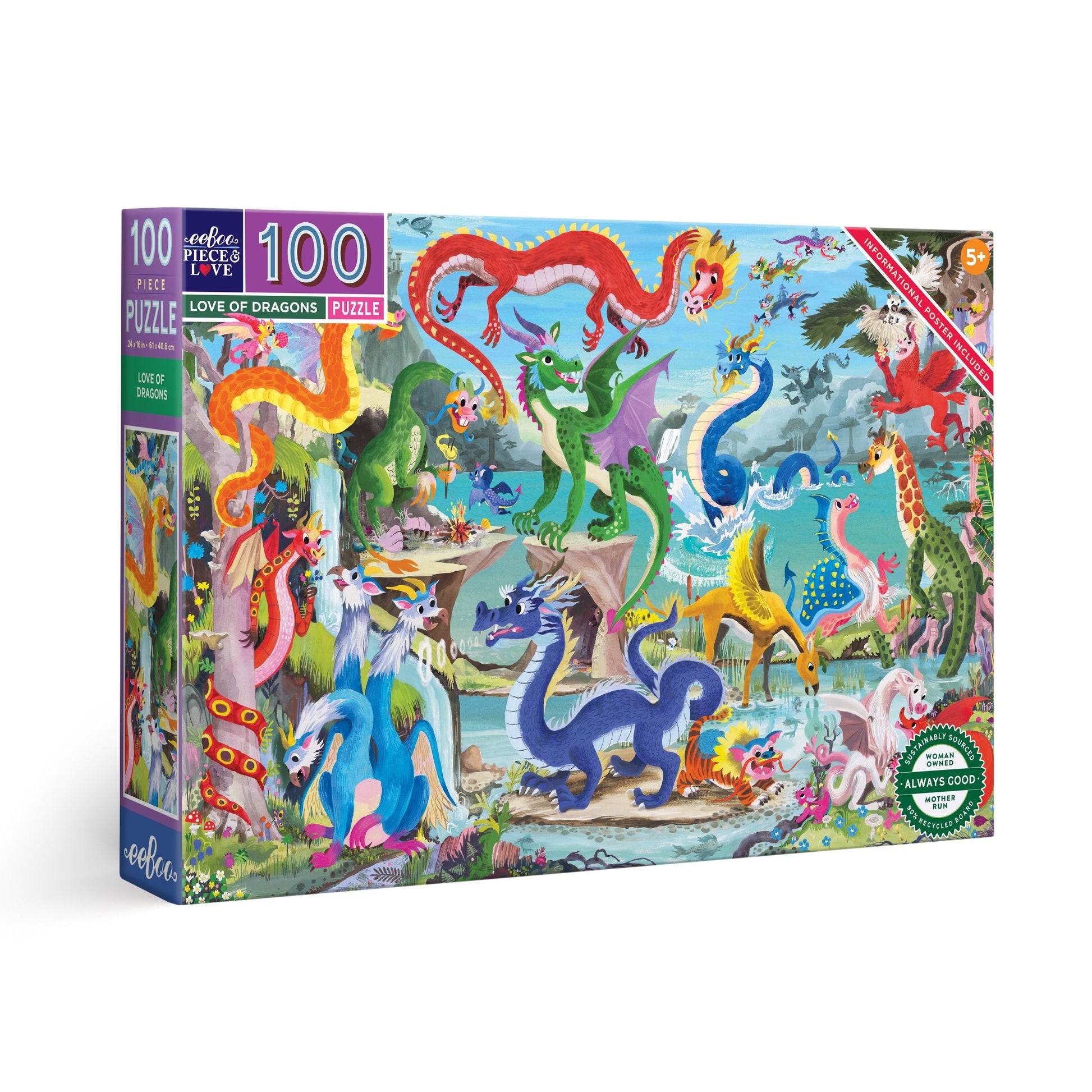 Jigsaw puzzle box with colorful dragons. Love of Dragons 100 Piece Puzzle