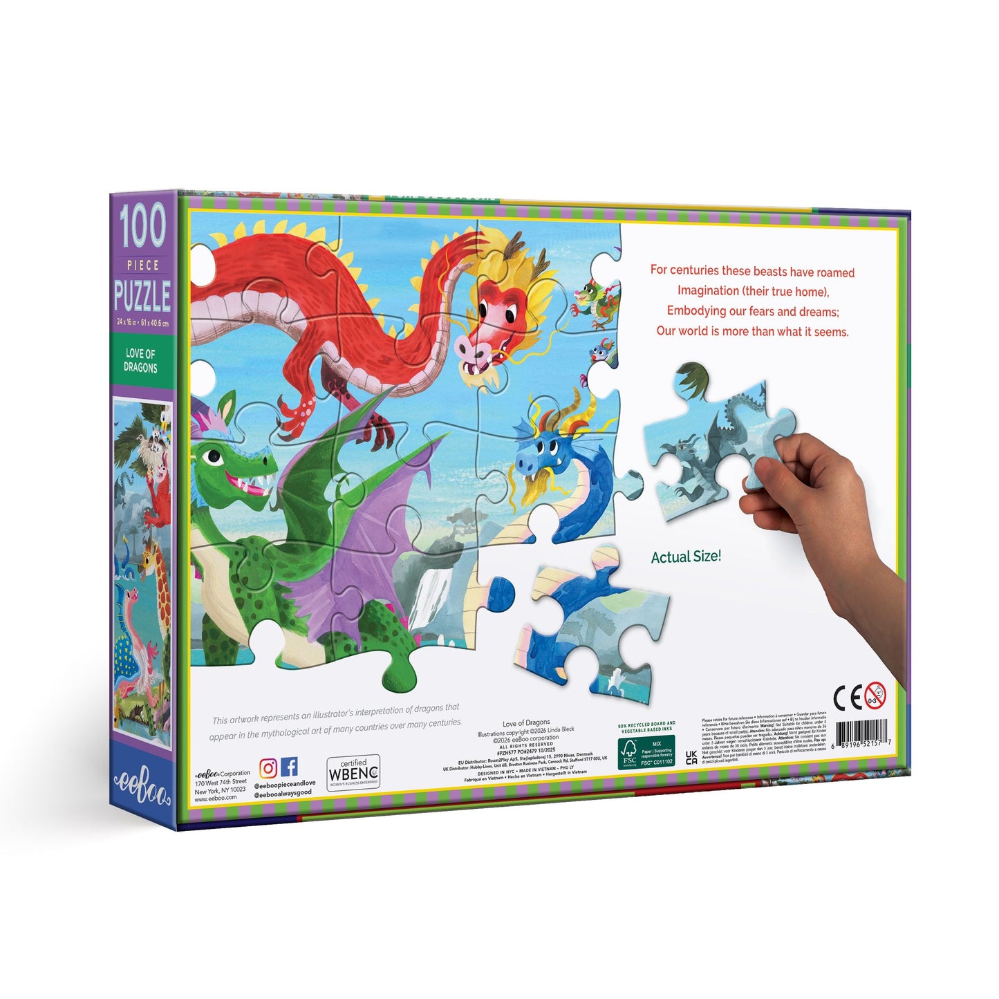 Jigsaw puzzle box with colorful dragons and a hand holding a piece. Love of Dragons 100 Piece Puzzle