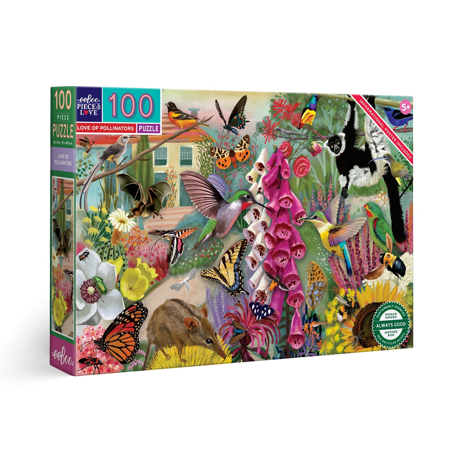 Jigsaw puzzle box featuring a colorful illustration of pollinators and flowers. 100 piece jigsaw puzzle by eeBoo