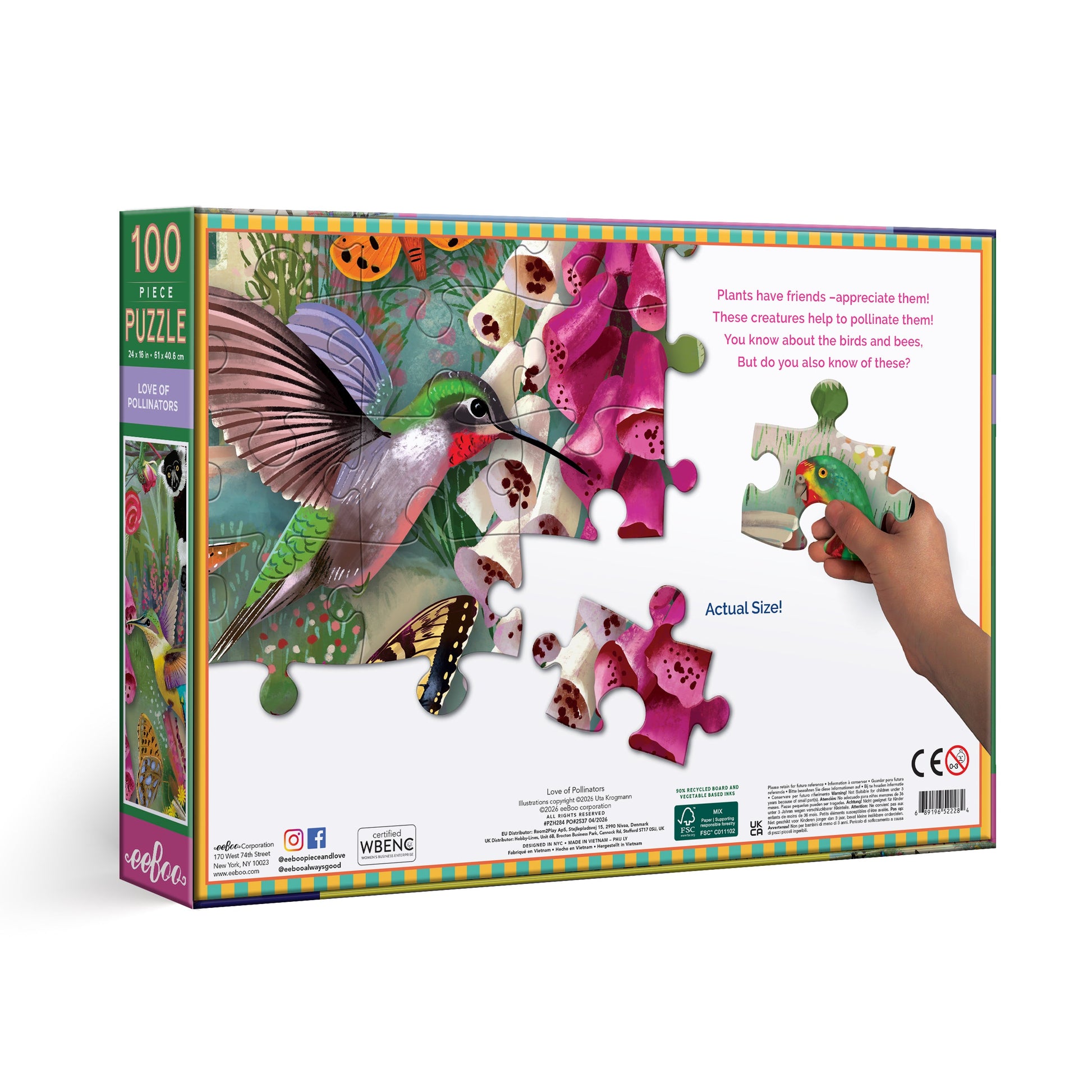 Jigsaw puzzle box featuring a colorful illustration of pollinators and flowers. 100 piece jigsaw puzzle by eeBoo