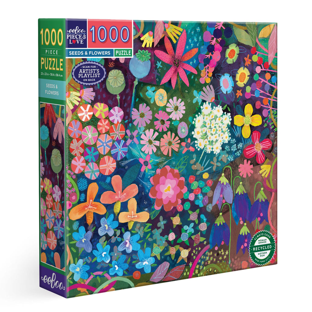 Colorful puzzle box with floral design. Seeds & Flowers 1000 Piece Puzzle by eeBoo | Unique Beautiful Gifts