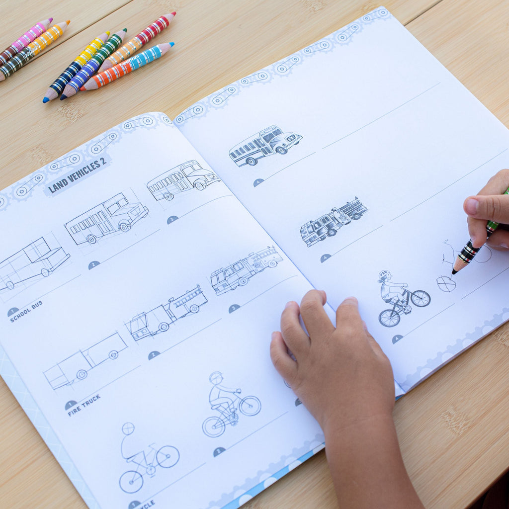  'Learn to Draw Vehicles' with colorful illustrations of vehicles. Learn to Draw Vehicles