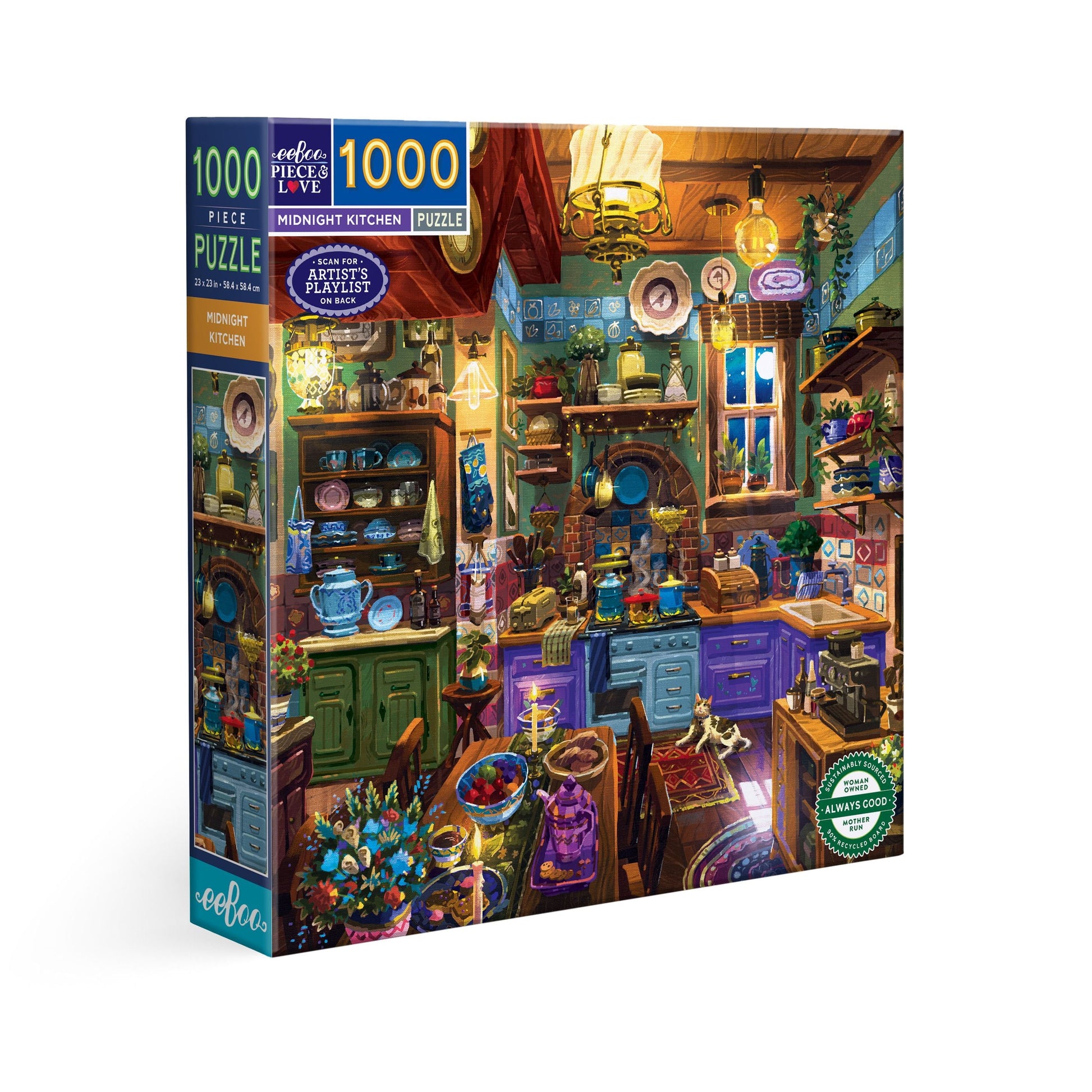 Jigsaw puzzle box featuring a colorful kitchen scene with various objects and a cozy atmosphere. Midnight Kitchen 1000 Piece Puzzle