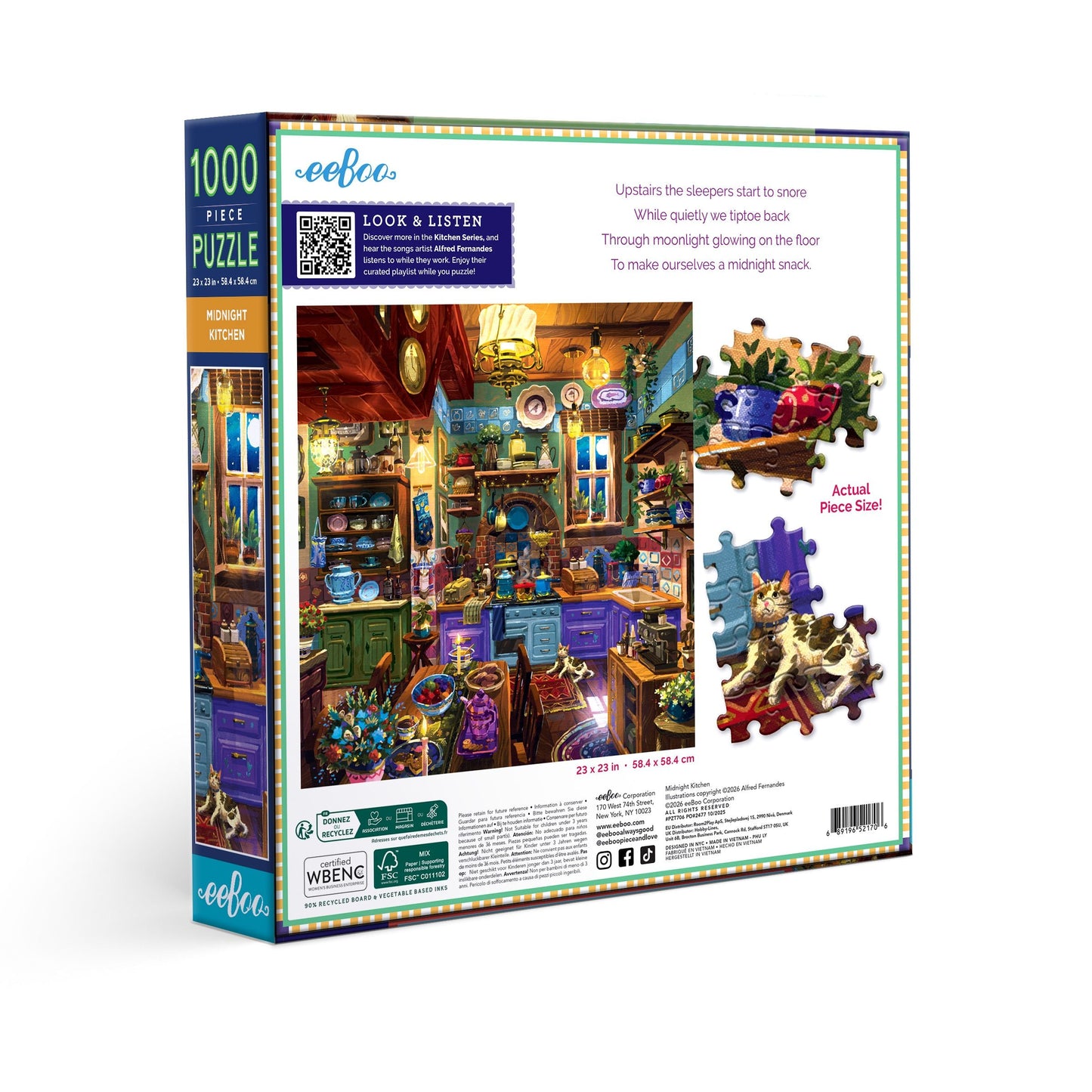 Jigsaw puzzle box with colorful illustration of a cozy room and puzzle pieces. Midnight Kitchen 1000 Piece Puzzle