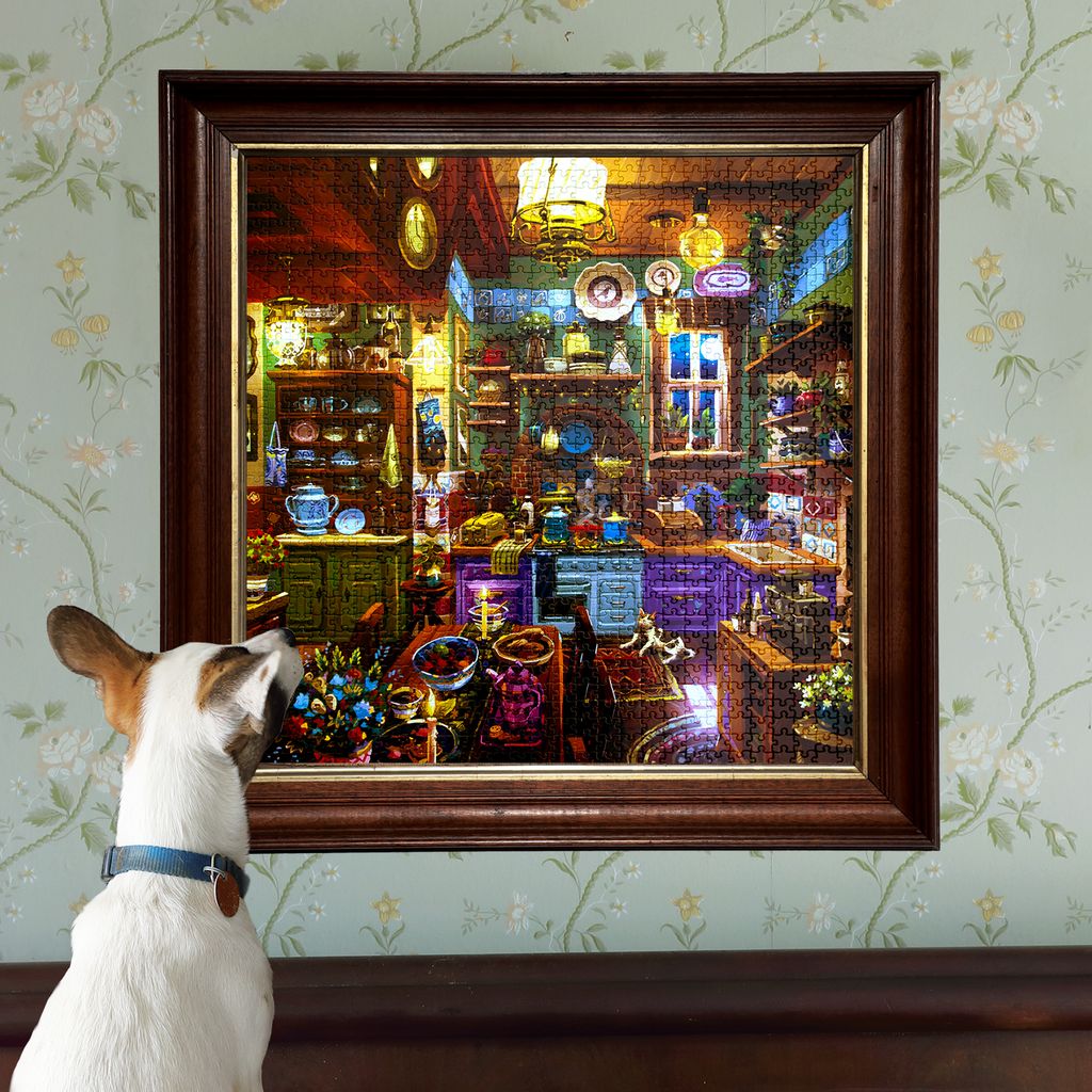 Dog looking at a framed picture of a colorful interior scene on a wall with floral pattern.