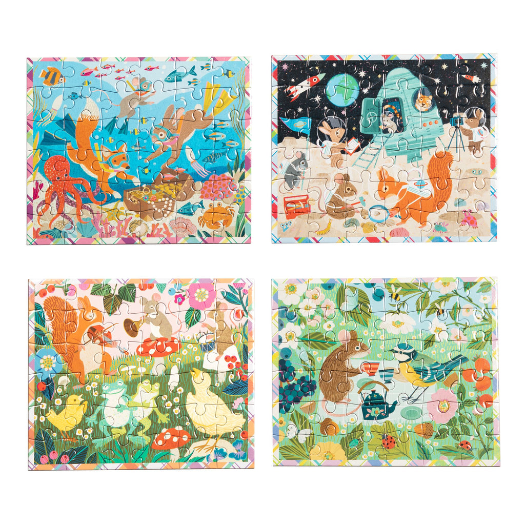 four mini 36 piece jigsaw puzzles with colorful animal illustrations by Victoria Ball