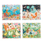 four mini 36 piece jigsaw puzzles with colorful animal illustrations by Victoria Ball