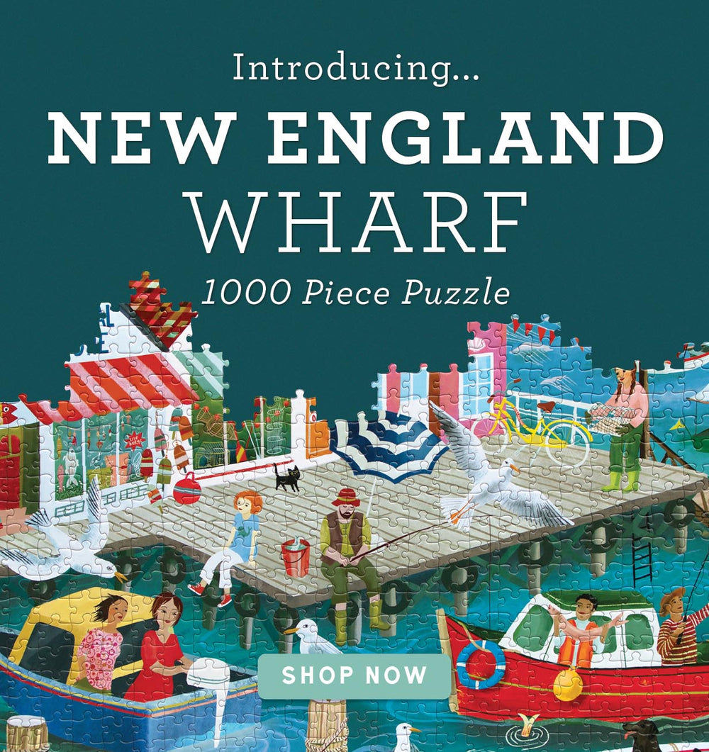 Promotional image for a New England Wharf 1000 piece puzzle with colorful illustration of a dock scene.