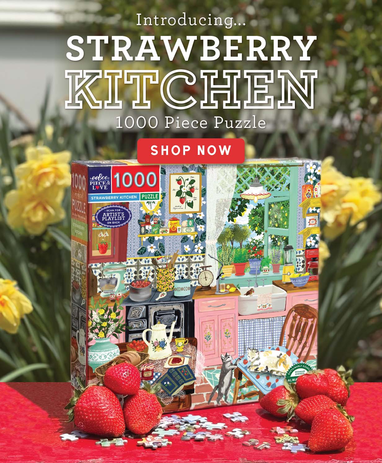 Strawberry Kitchen puzzle packaging with daffodils in the background. Text: Introducing Strawberry_Kitchen 1000 Piece Puzzle