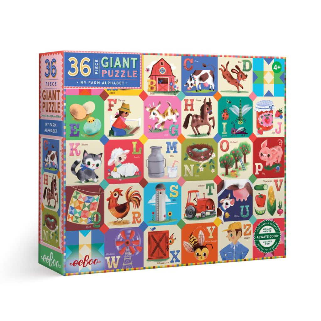 Giant puzzle box with colorful farm-themed illustrations and alphabet letters . My Farm Alphabet 36 Piece Giant Puzzle