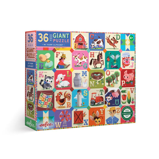 Giant puzzle box with colorful farm-themed illustrations and alphabet letters . My Farm Alphabet 36 Piece Giant Puzzle