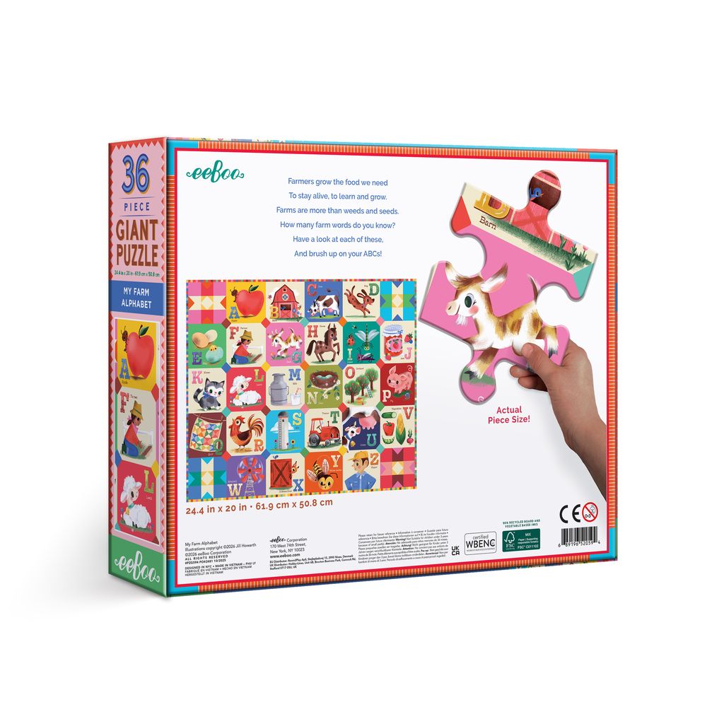  36-piece giant puzzle box with colorful illustrations and a hand holding a piece. My Farm Alphabet 36 Piece Giant Puzzle