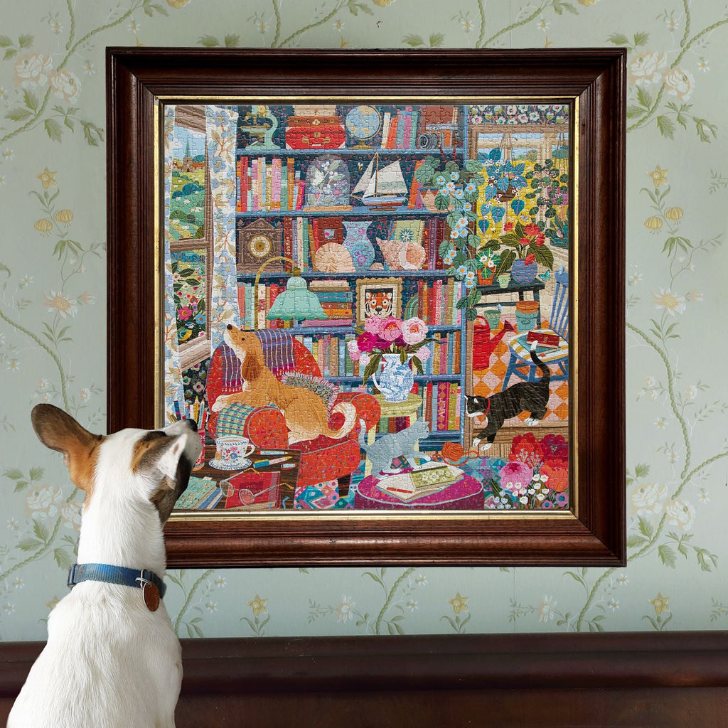 Illustrator Victoria Ball depicts a cozy, eclectic library full of patterns, plants, cats, & bric-a-brac.  1000 Piece Jigsaw Puzzle by eeBoo