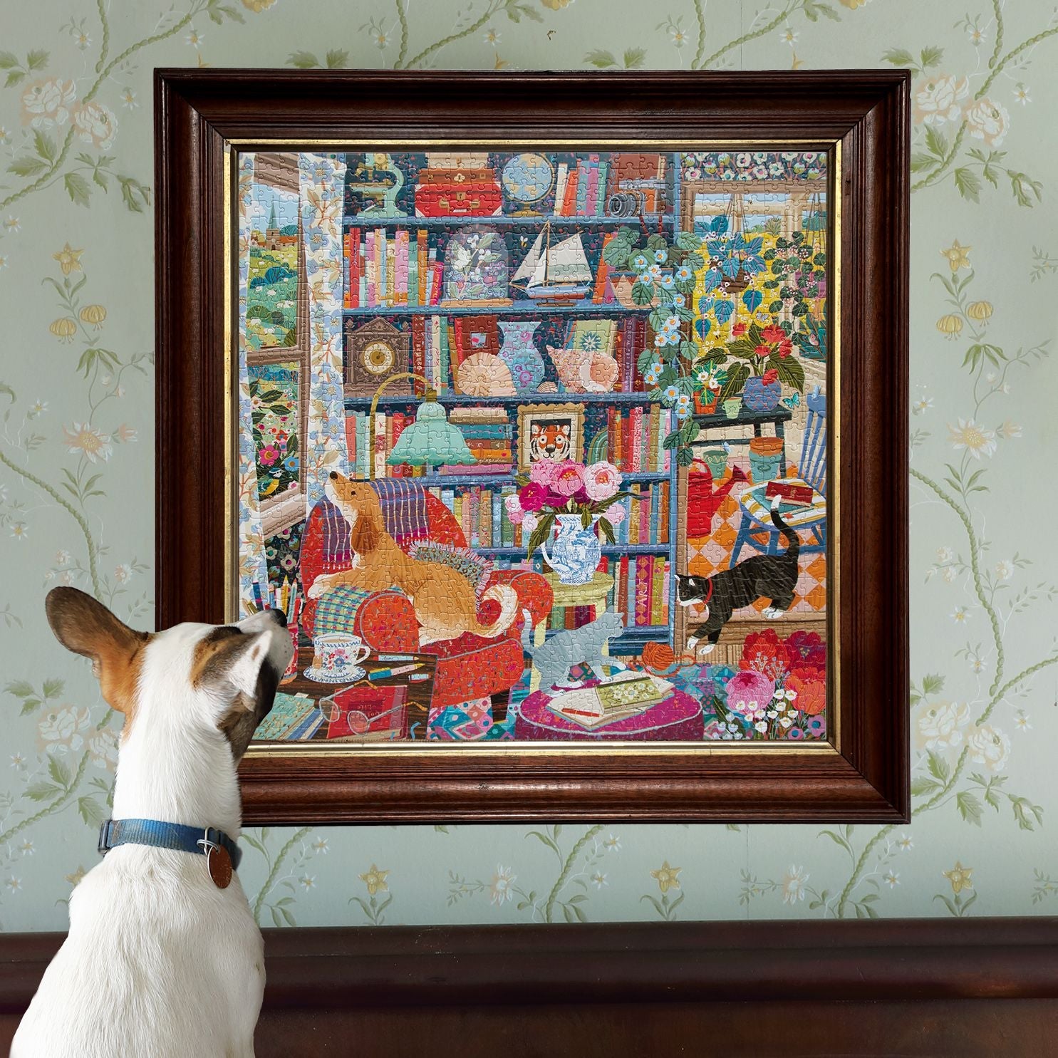 Illustrator Victoria Ball depicts a cozy, eclectic library full of patterns, plants, cats, & bric-a-brac.  1000 Piece Jigsaw Puzzle by eeBoo
