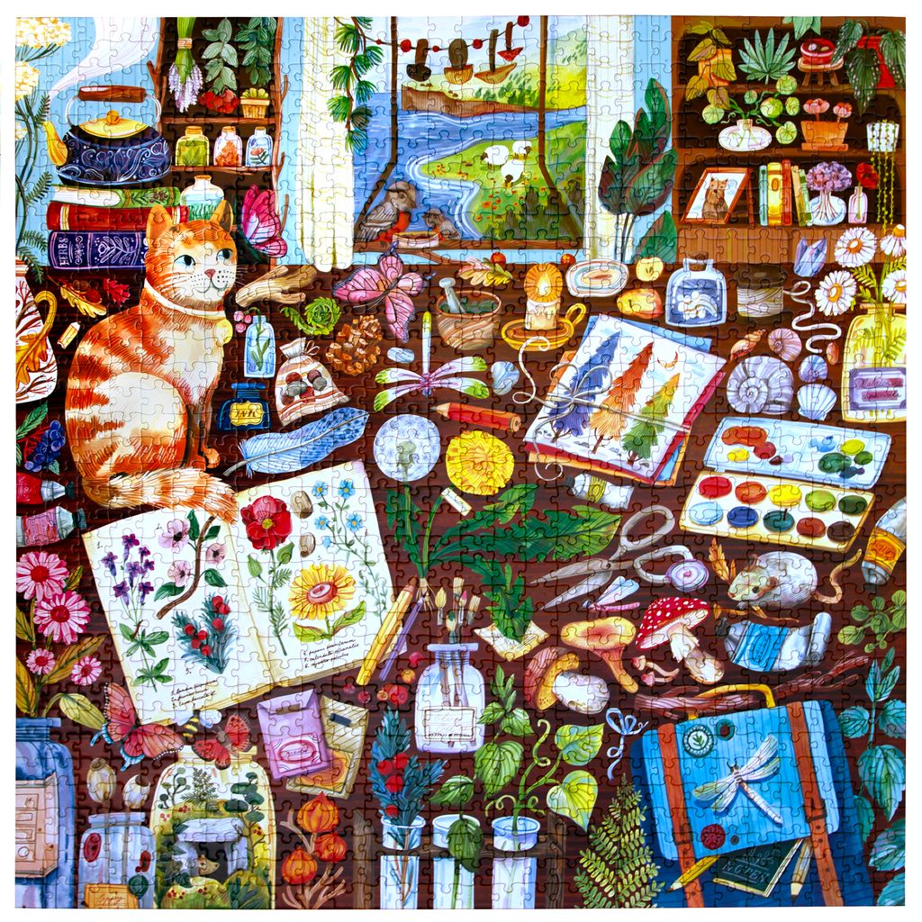 Colorful illustration of a table with various items including books, plants, and art supplies.