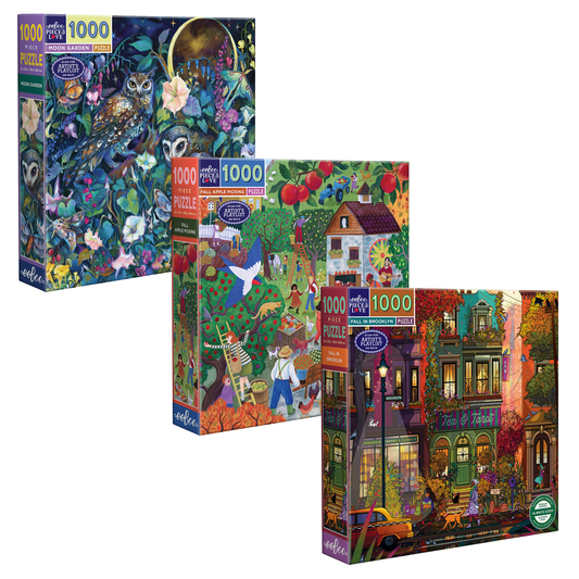 Three colorful puzzle boxes with different Fall scenes