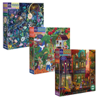 Three colorful puzzle boxes with different Fall scenes 
