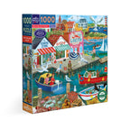 Illustrator Uta Krogmann depicts a classic New England harbor town with colorful buoys, fishing boats, a lighthouse, & lobster traps. 1000 Piece Jigsaw Puzzle by eeBoo 