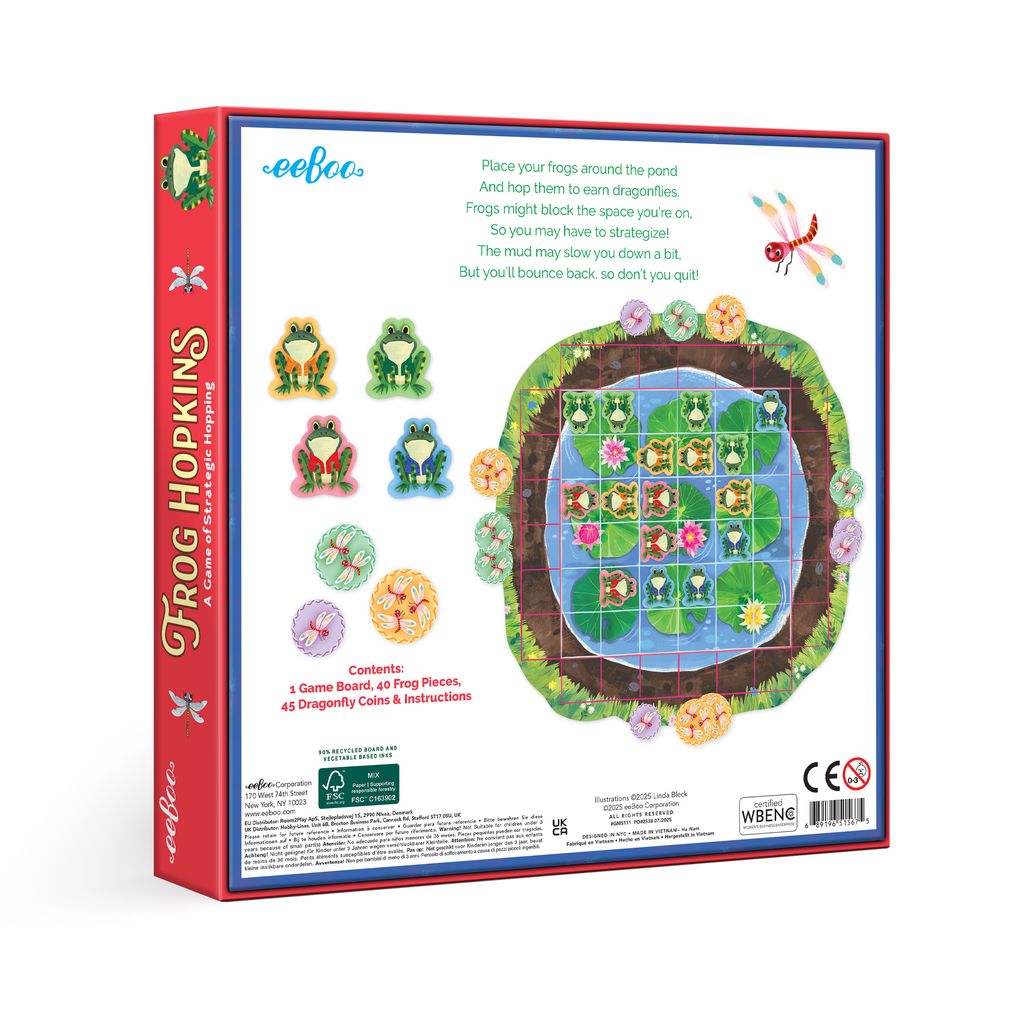 Board game packaging for 'Frog Hopkins' with colorful frog pieces and game board illustration.