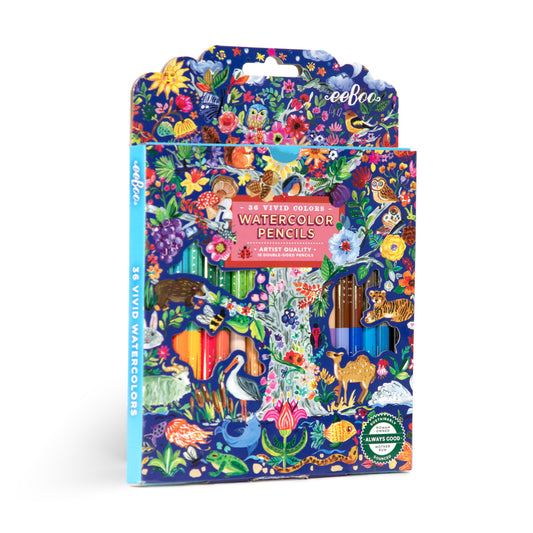 Pack of watercolor pencils with colorful packaging featuring animals and nature.