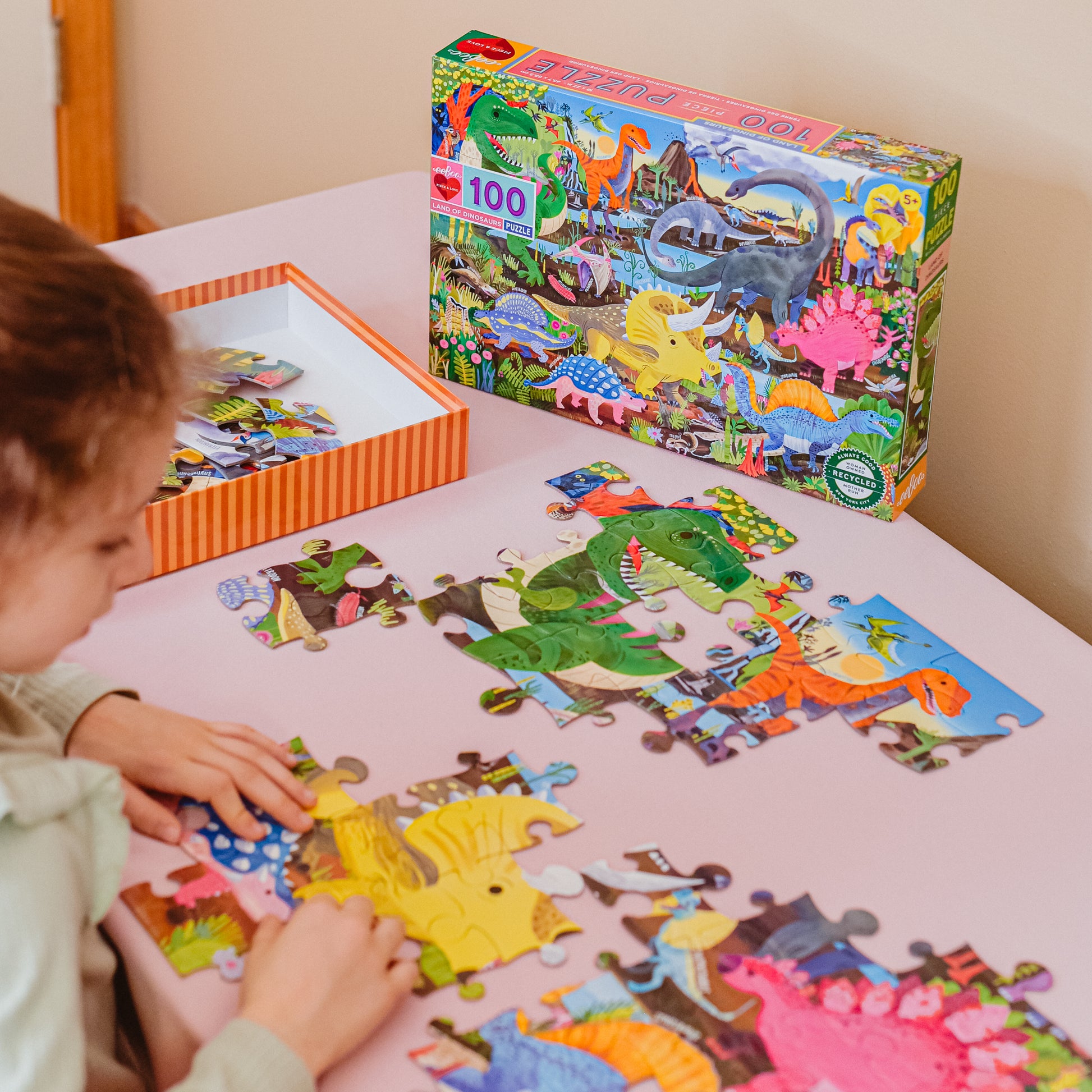 Land of Dinosaurs 100 Piece Jigsaw Puzzle | eeBoo Amazing Dino Gifts for Kindergartner Kids Age 5+