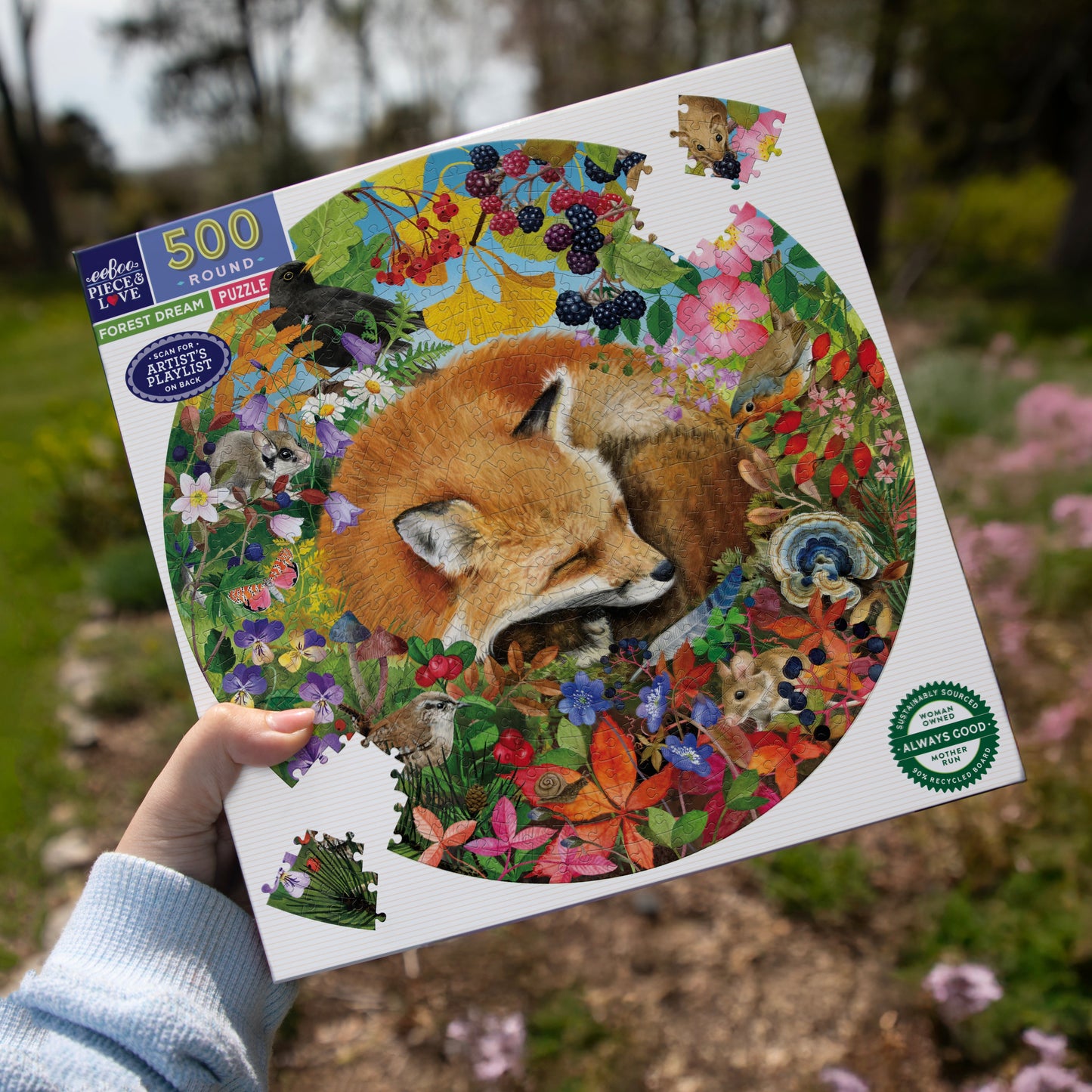 Watercolorist Maria Over depicts a dreaming fox surrounded by swirling color, flowers, birds, berries & more. 500 Piece Jigsaw Puzzle by eeBoo 
