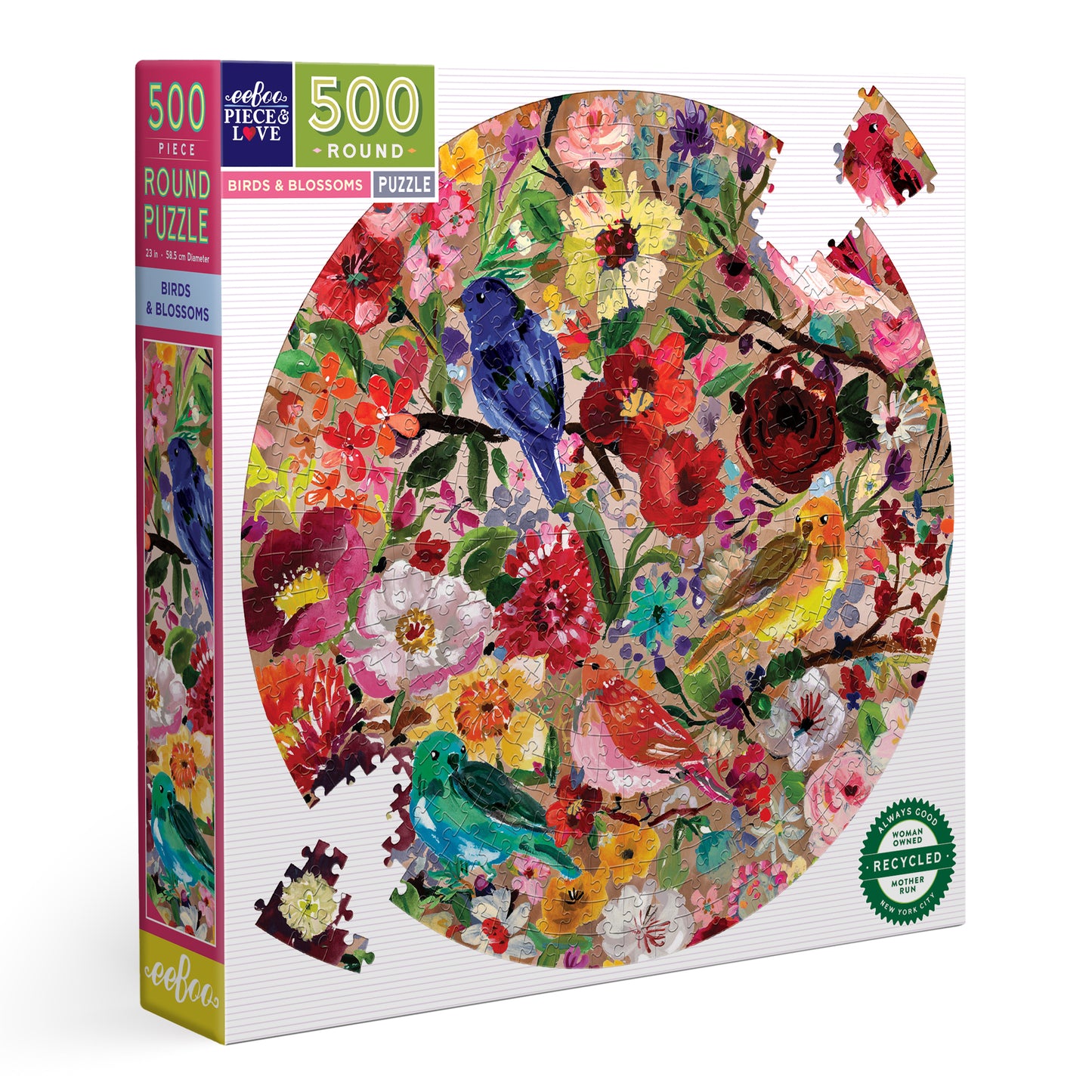 Birds & Blossoms 500 Piece Round Jigsaw Puzzle | Beautiful Unique Gift for Bird & Garden Lovers