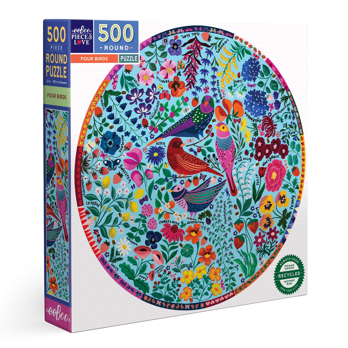 Four Birds & Florals 500 Piece Round Jigsaw Puzzle | Unique Beautiful Gifts for Mom