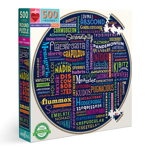 100 Great Words 500 Piece Round Jigsaw Puzzle | eeBoo Piece & Love Gifts for Wordsmiths