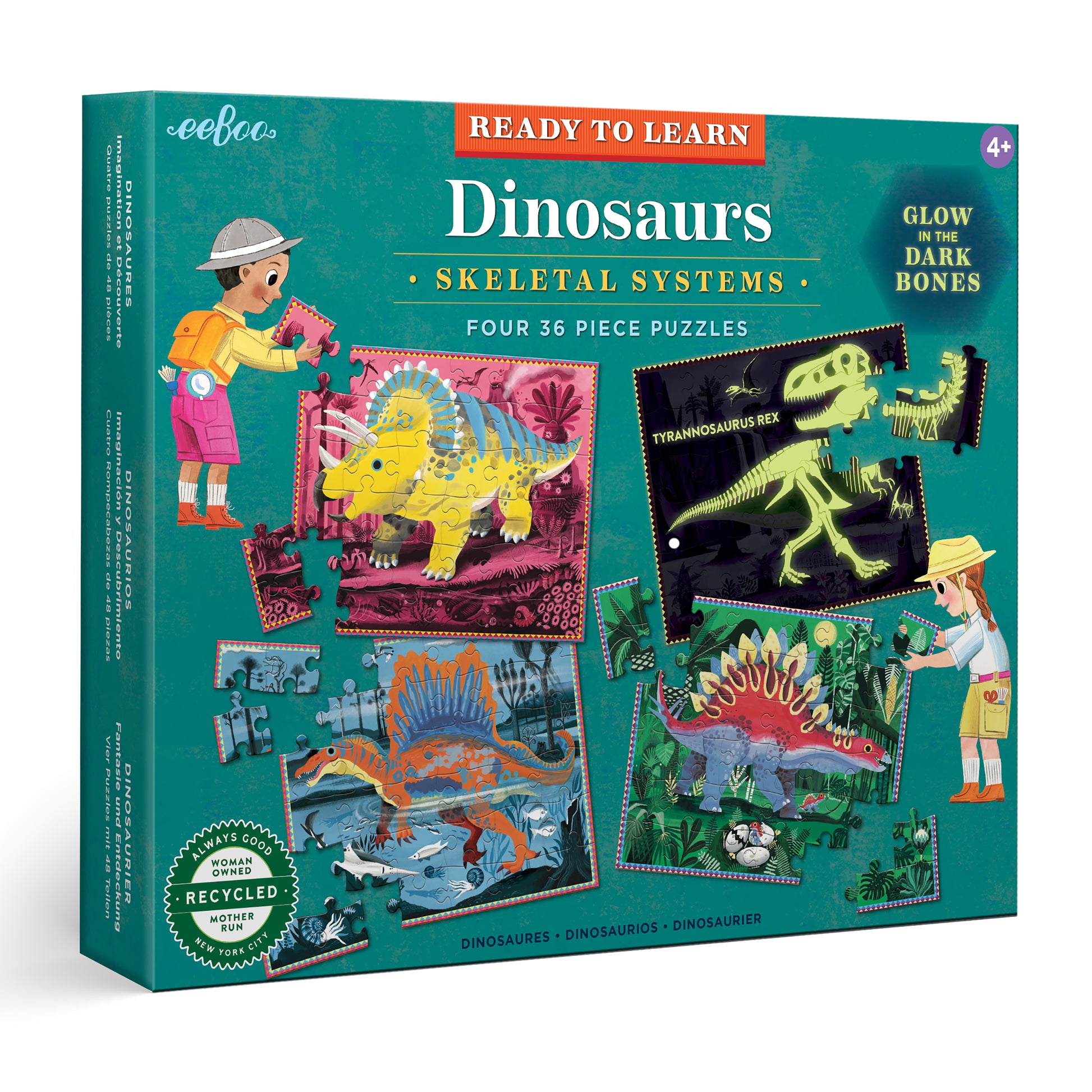 Dinosaurs 36 Piece Jigsaw Puzzle Set with Glow in the Dark Skeletons | T-Rex, Spinosaurus, Triceratops, and Stegosaurus