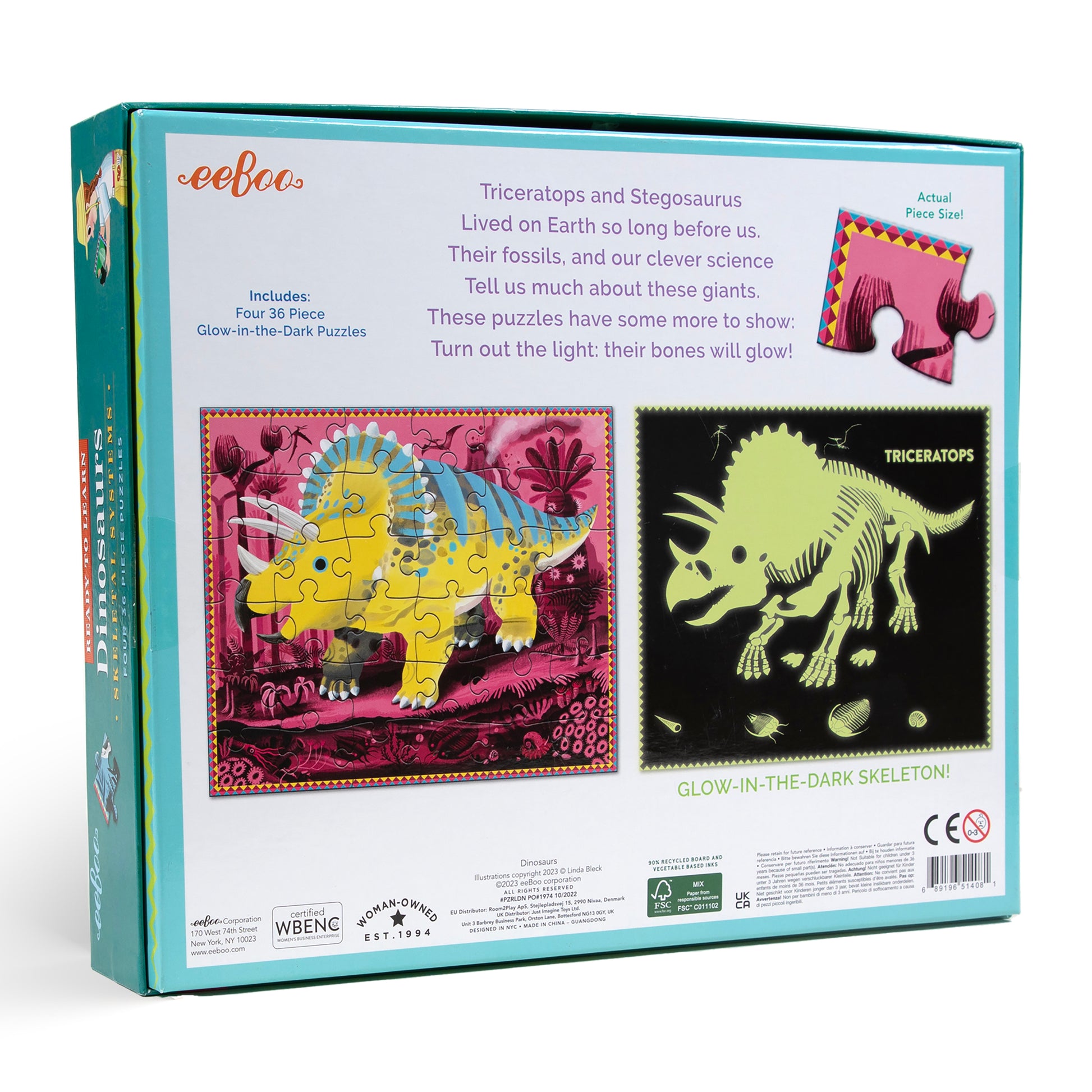 Dinosaurs 36 Piece Jigsaw Puzzle Set with Glow in the Dark Skeletons | T-Rex, Spinosaurus, Triceratops, and Stegosaurus